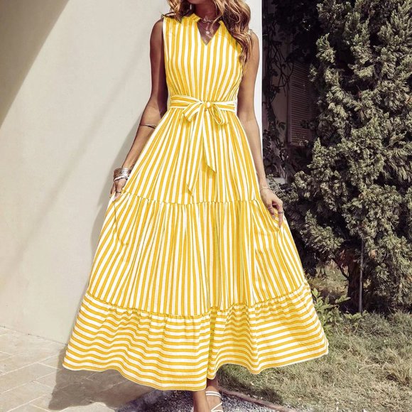 New Striped Notched Neck Ruffle Hem Belted Dress yellow - Picture 4 of 5